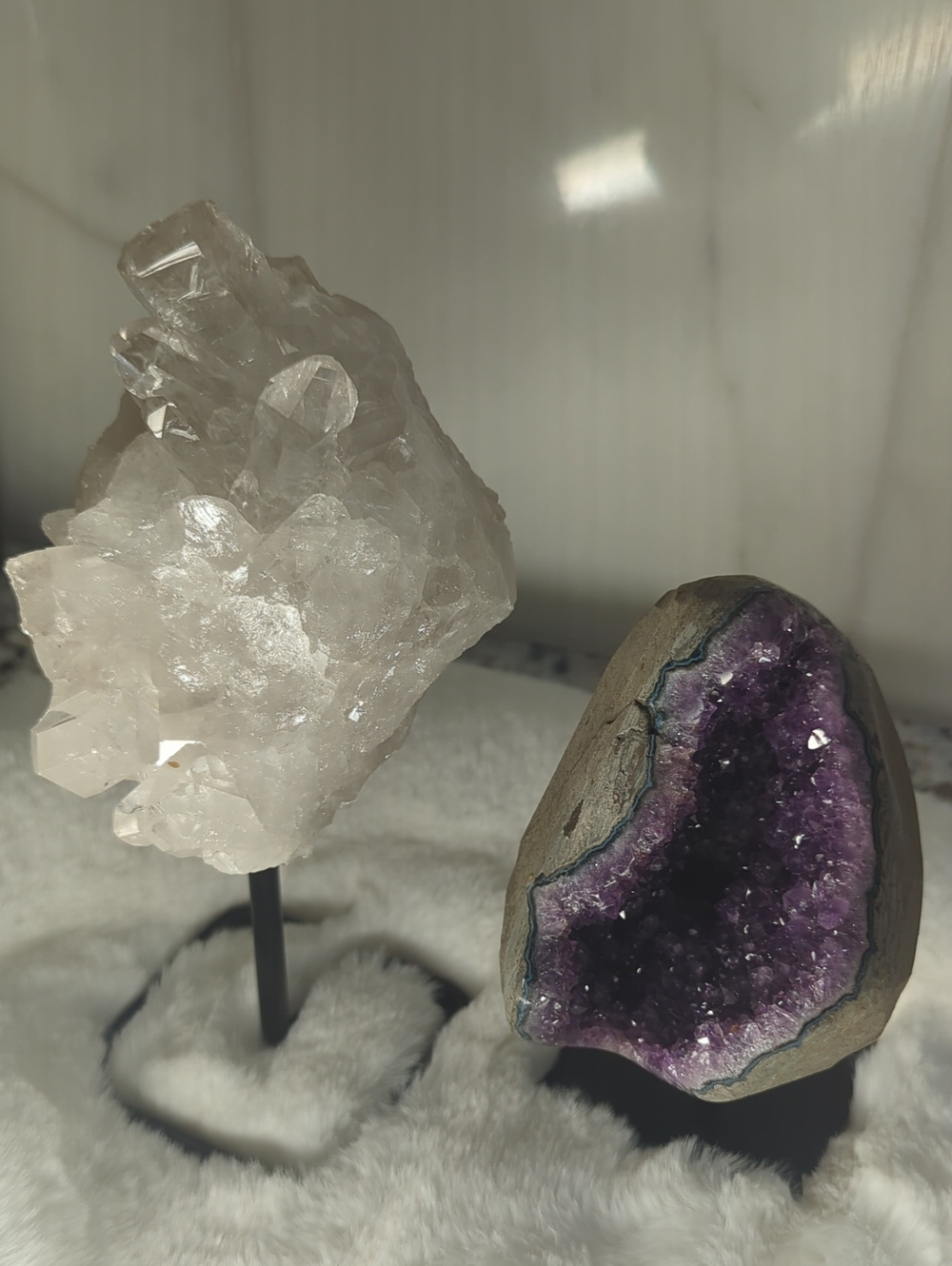 Natural Amethyst Geode And Quartz White Crystal Home Accent - Mounted On Stands.